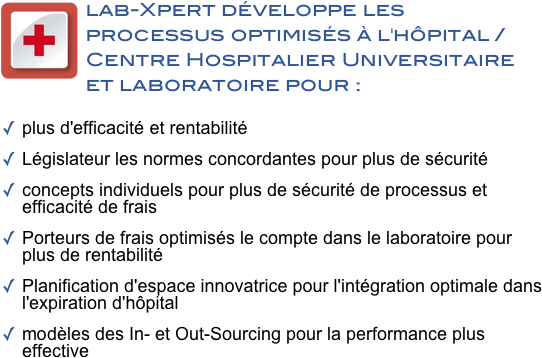 ￼lab-Xpert développe les processus optimisés à l'hôpital / Centre Hospitalier Universitaire  et laboratoire pour :
plus d'efficacité et rentabilité
Législateur les normes concordantes pour plus de sécurité
concepts individuels pour plus de sécurité de processus et efficacité de frais
Porteurs de frais optimisés le compte dans le laboratoire pour plus de rentabilité
Planification d'espace innovatrice pour l'intégration optimale dans l'expiration d'hôpital
modèles des In- et Out-Sourcing pour la performance plus effective